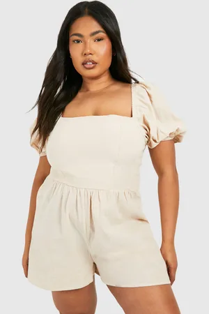 Boohoo Plus Linen Look Puff Sleeve Playsuit - - 16
