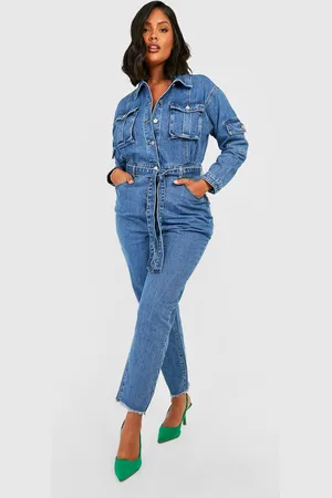 Boohoo Plus Belted Tapered Cargo Denim Boilersuit - - 28