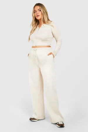 Boohoo Plus Double Zip Long Sleeve Rib Top And Straight Leg Track Pants Set - - 28
