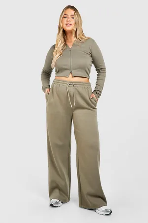 Boohoo Plus Double Zip Long Sleeve Rib Top And Straight Leg Track Pants Set - - 28