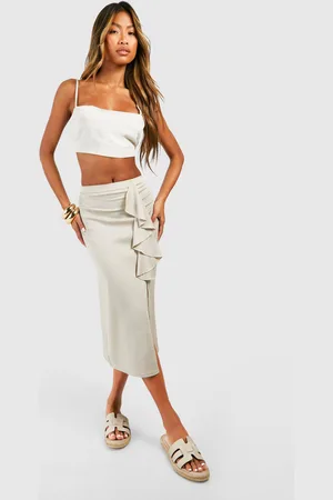 Boohoo Linen Look Frill Midi Skirt - - 12