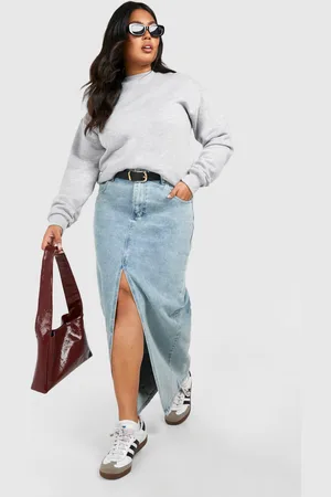 Boohoo Plus Pocket Detail Split Front Denim Maxi Skirt - - 16