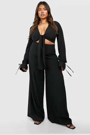 Boohoo Plus Woven Knot Front Long Sleeve Jumpsuit - - 28