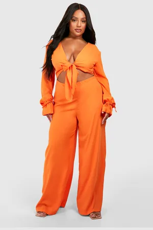 Boohoo Plus Woven Knot Front Long Sleeve Jumpsuit - - 28