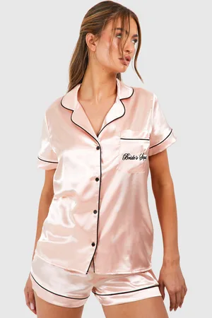 Boohoo Bride Squad Satin Embroidered Short Sleeve Shirt & Shorts Pyjama Set - - 10