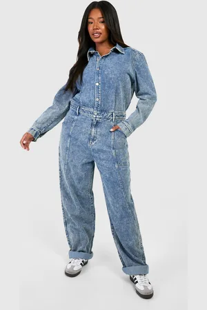 Boohoo Plus Washed Denim Roll Hem Boilersuit - - 28