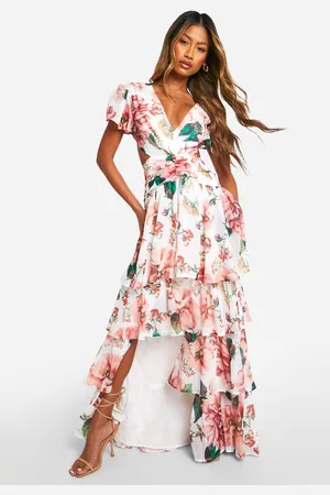 Boohoo Floral Ruffle Tiered Cut Out Maxi Dress - - 14