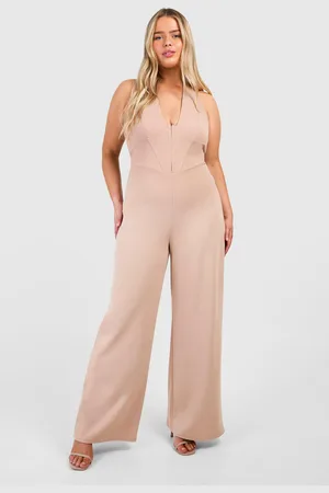 Boohoo Plus Scuba Crepe Corset Hook & Eye Detail Halter Neck Wide Leg Jumpsuit - - 16