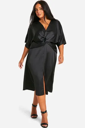 Boohoo Plus Satin Twist Front Angel Sleeve Midi Dress - - 16