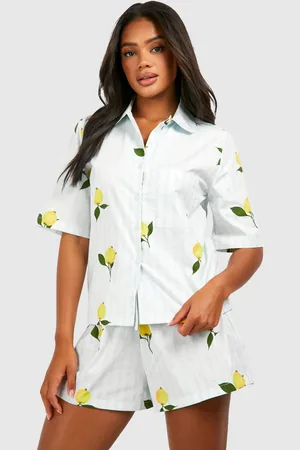 Boohoo Cotton Poplin Lemon Stripe Short Sleeve Pyjama Shirt - - 16