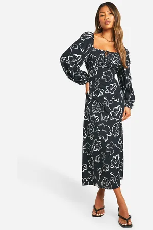 Boohoo Mono Floral Puff Sleeve Midaxi Dress - - 10