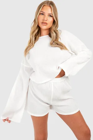 Boohoo Plus Flare Sleeve And Button Front Loungewear Short Set - - 18