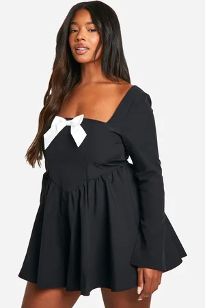 Boohoo Plus Woven Contrast Bow Long Sleeve Floaty Playsuit - - 16