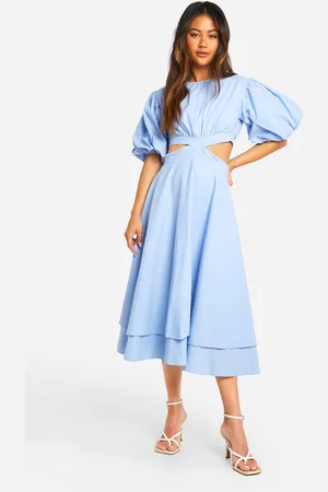 Boohoo Textured Puff Sleeve Midi Dress - - 10