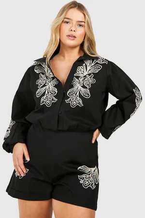 Boohoo Plus Woven Embroidery Detail Long Sleeve Playsuit - - 28