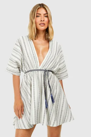Boohoo Linen Look Stripe Rope Belt Beach Kaftan - - S