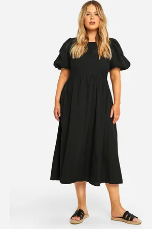 Boohoo Plus Linen Feel Puff Sleeve Midi Dress - - 28
