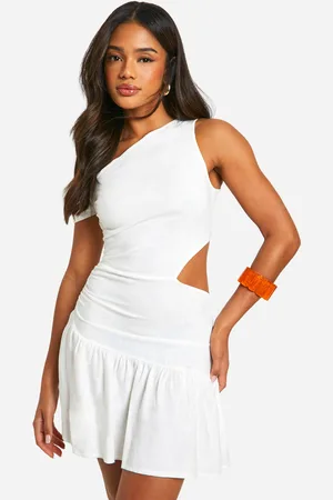 Boohoo Linen Look Cold Shoulder Cut Out Mini Dress - - 12