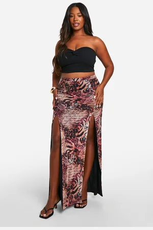 Boohoo Plus Mesh Mixed Leopard Print Split Detail Maxi Skirt - - 22