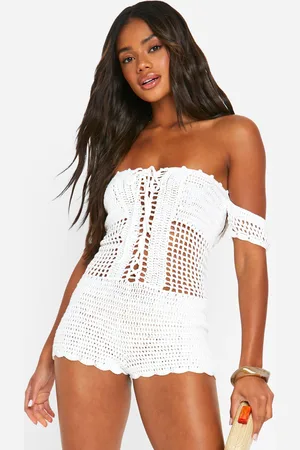 Boohoo Off The Shoulder Crochet Lace Up Playsuit - - M