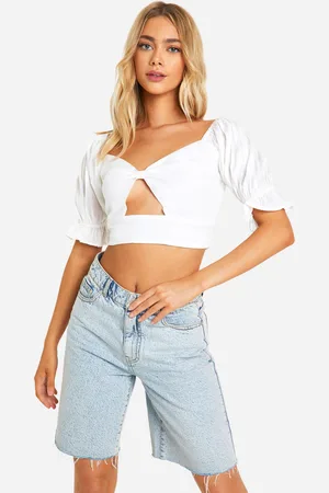 Boohoo Linen Look Puff Sleeve Crop Top - - 6