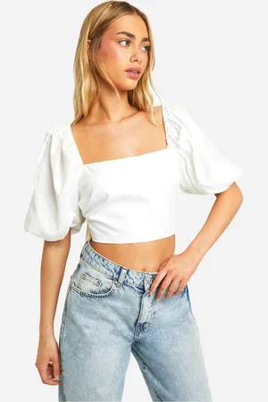 Boohoo Puff Sleeve Square Neck Tie Back Crop Top - - 8