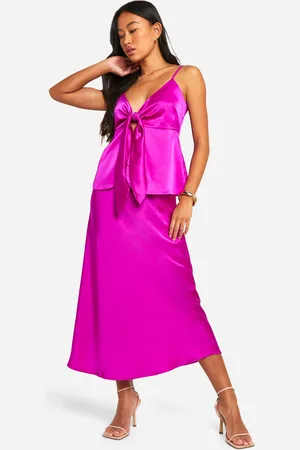 Boohoo Satin Knot Front Cami & Bias Midi Skirt - - 6