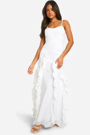 Boohoo Chiffon Ruched Ruffle Maxi Dress - - 10