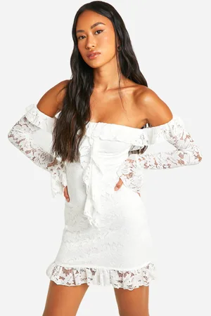Boohoo Lace Bardot Flare Sleeve Mini Dress - - 10