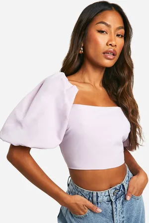 Boohoo Puff Sleeve Square Neck Tie Back Crop Top - - 10