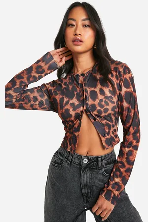 Boohoo Leopard Print Ribbed Button Through Top - - 6