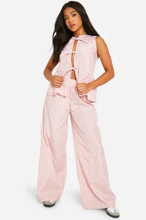 Boohoo Petite Stripe Tie Front Top And Wide Leg Pants Set - - 6