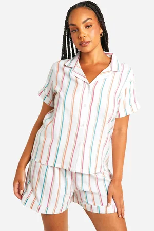 Boohoo Plus Cotton Poplin Multi Stripe Shirt And Short Pyjama Set - - 16