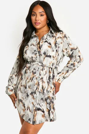 Boohoo Plus Marble Printed Tie Belt Shirt Dress - - 28