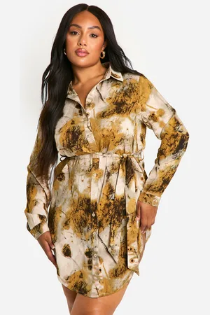 Boohoo Plus Smudge Abstarct Printed Tie Belt Shirt Dress - - 16