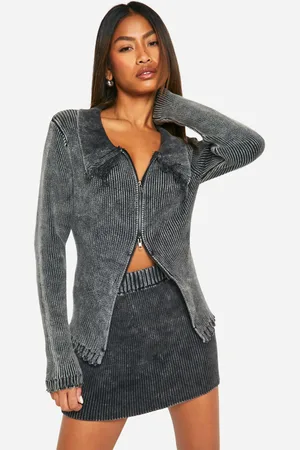 Boohoo Acid Wash Double Zip Polo Collar Rib Cardigan - - S
