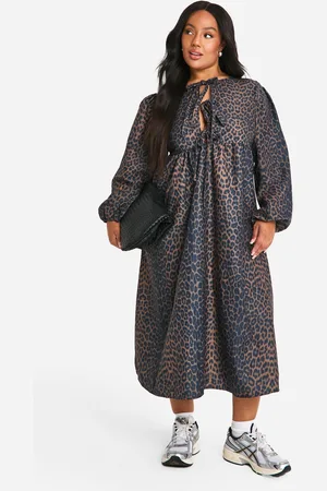 Boohoo Plus Woven Leopard Midi Smock Dress - - 18