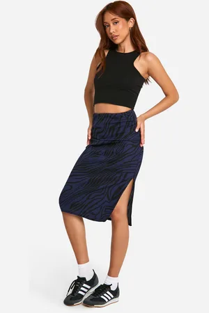 Boohoo Zebra Print Rib Side Split Midi Skirt - - 6