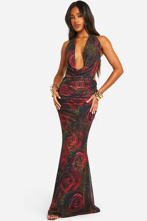 Boohoo Mixed Print Leopard Plunge Ruched Bum Maxi Dress - - 18