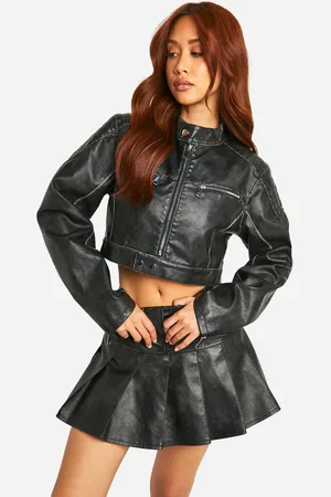 Boohoo Vintage Look Faux Leather Crop Moto Jacket - - 14