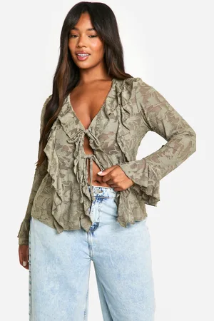 Boohoo Plus Burnout Double Ruffle Tie Front Blouse - - 20