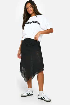 Boohoo Mesh Ruched Waistband Hanky Hem Midi Skirt - - 8