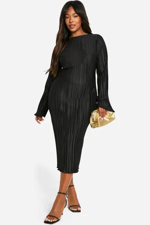 Boohoo Plus Plisse Flared Sleeve Low Back Column Midi Dress - - 28