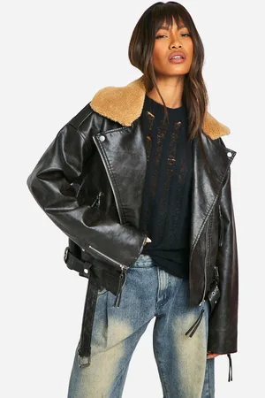 Boohoo Borg Collar Vintage Look Faux Leather Jacket - - 8