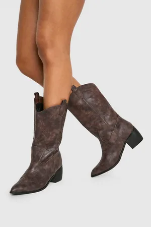 Boohoo Wide Fit Vintage Look Tab Detail Ankle Cowboy Western Boots - - 7