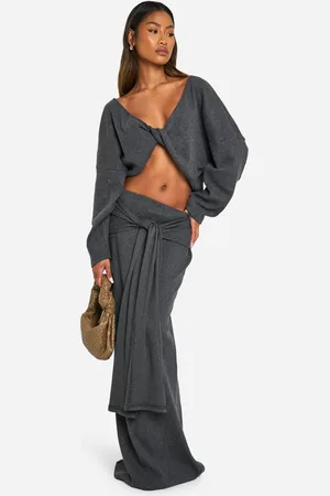 Boohoo Brushed Rib Twist Front Long Sleeve Top & Maxi Skirt Set - - 14