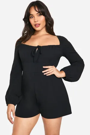 Boohoo Plus Tie Front Detail Blouson Sleeve Playsuit - - 28