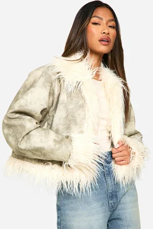 Boohoo Vintage Look Faux Leather Faux Fur Trim Jacket - - 8