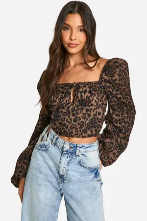 Boohoo Leopard Print Puff Sleeve Milkmaid Top - - 16
