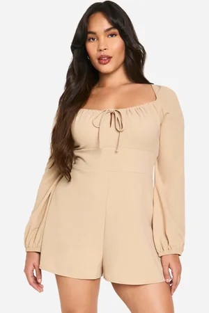 Boohoo Plus Tie Front Detail Blouson Sleeve Playsuit - - 28